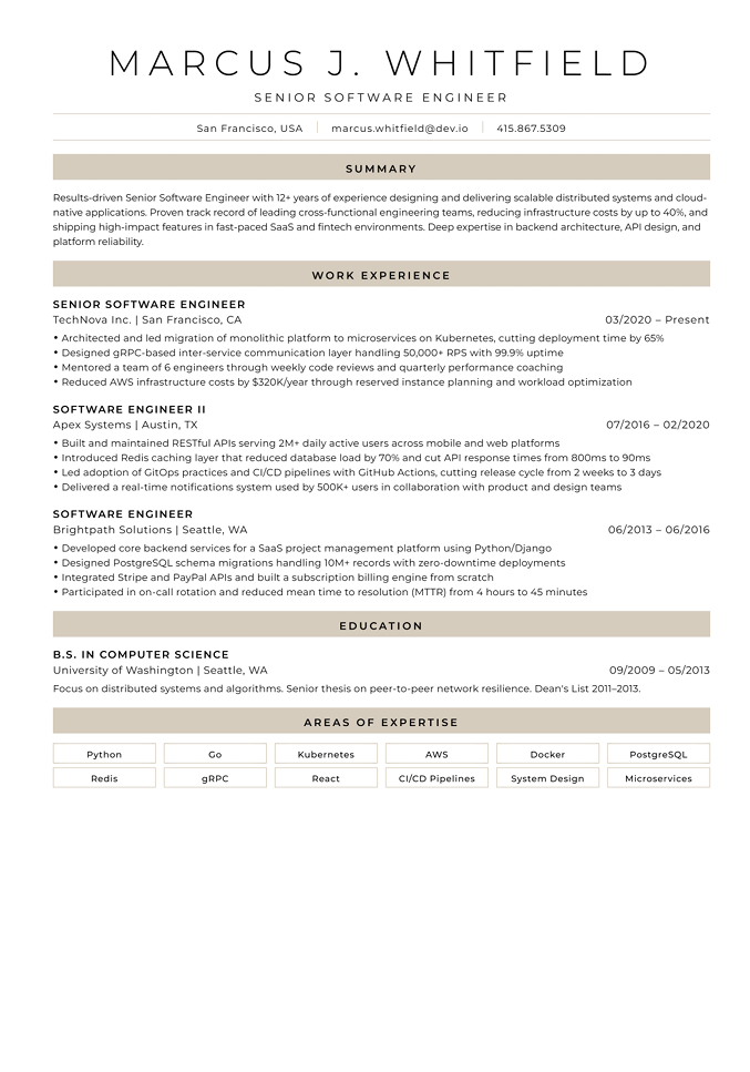 An example resume built with Resume Builder — summary, experience, education and skills