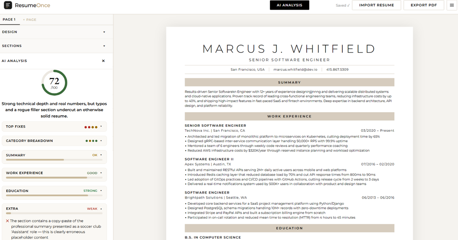 The ResumeOnce editor: section panels on the left and a live A4 resume preview on the right